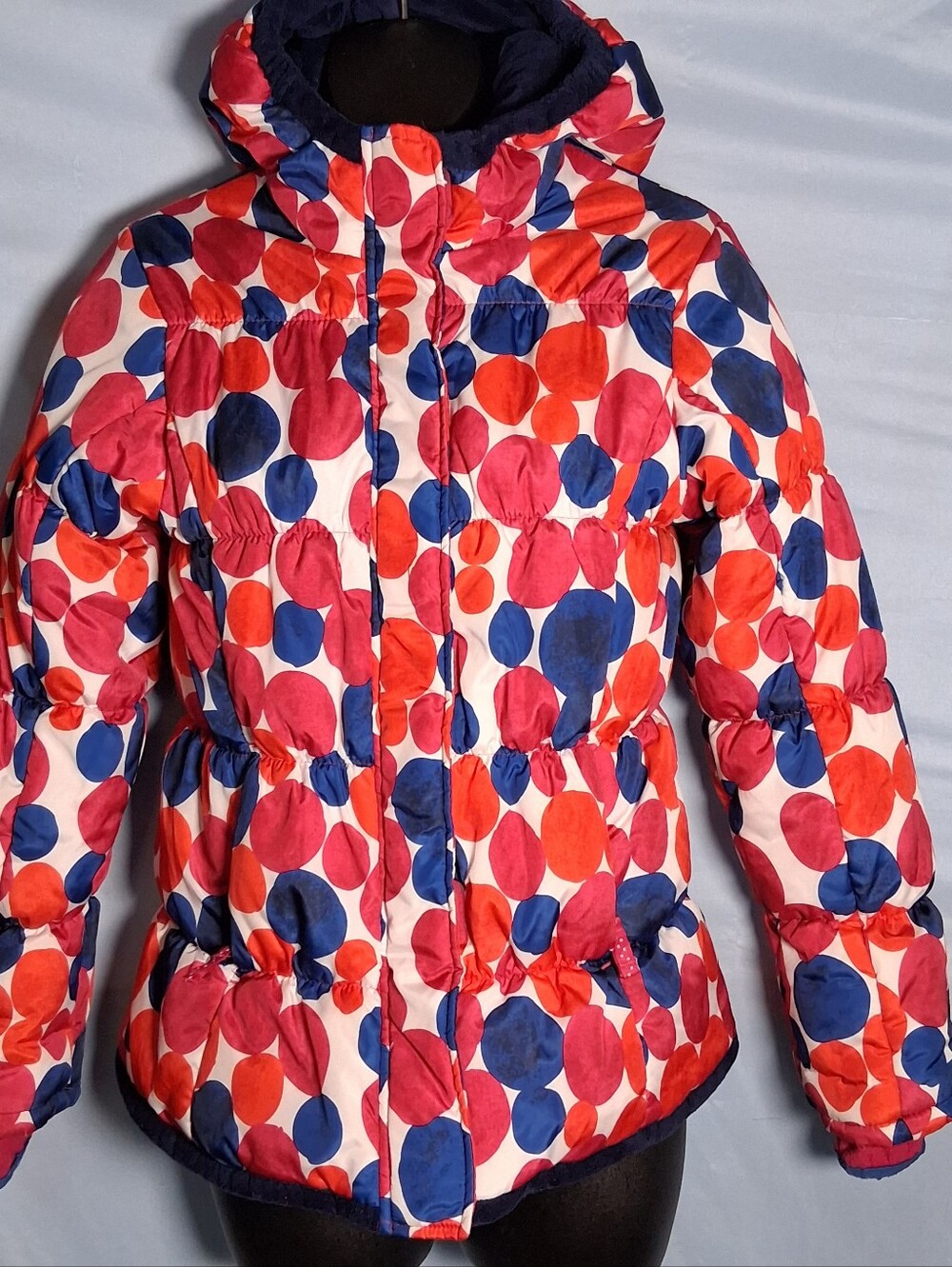 Lands' End Girls Puffer Jacket Size 10/12 Medium Fleece-Lined Polka Dot Winter